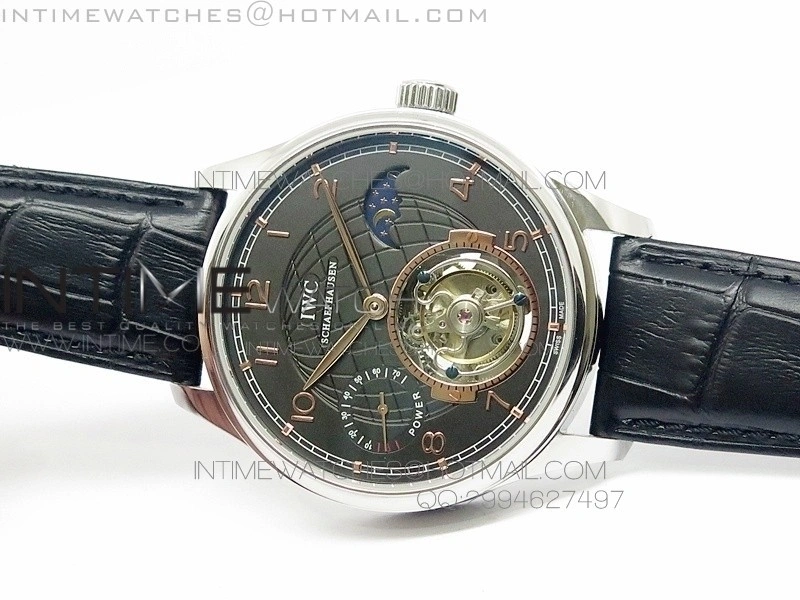 Portuguese Tourbillon SS AXF Gray Dial Gold Numbers moonphase on Black Leather Strap