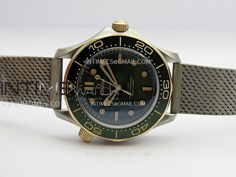 Seamaster 300M Diver Titanium Bronze Gold ORF 1:1 Green Dial On Titanium Mesh Bracelet Asian Super Clone 8806