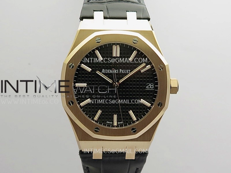 Royal Oak 41mm 15500 RG APSF Free Sprung 1:1 Best Edition Black Textured Dial On Black Leather Strap Super Clone A4302