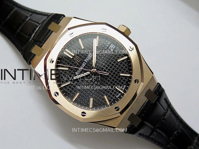 Royal Oak 41mm 15500 RG APSF Free Sprung 1:1 Best Edition Black Textured Dial On Black Leather Strap Super Clone A4302