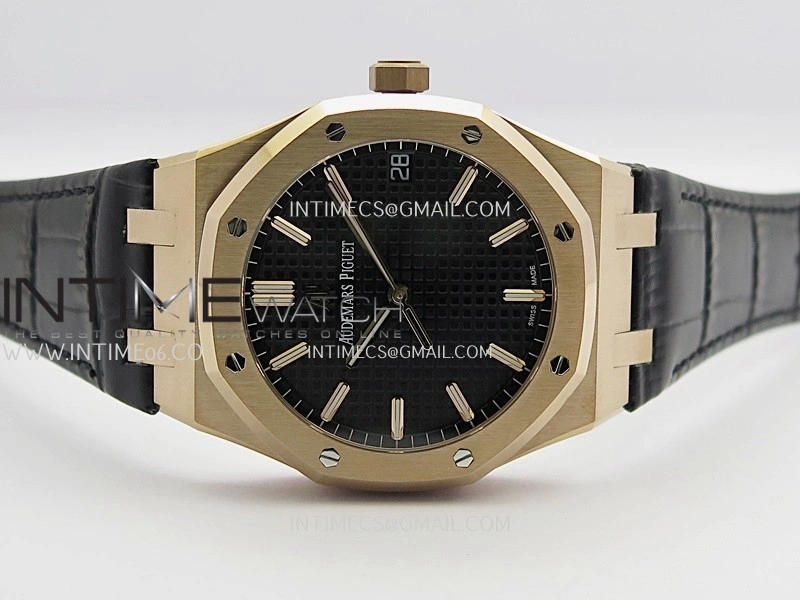Royal Oak 41mm 15500 RG APSF Free Sprung 1:1 Best Edition Black Textured Dial On Black Leather Strap Super Clone A4302