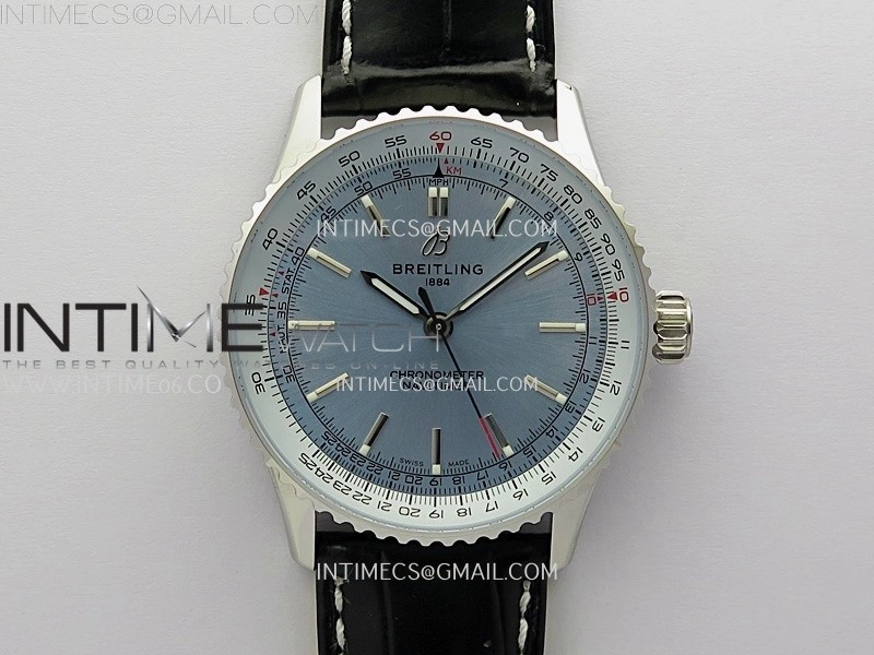 Navitimer 1 Automatic 41mm SS BLSF 1:1 Best Edition Ice Blue Dial on Black Leather Strap A2824