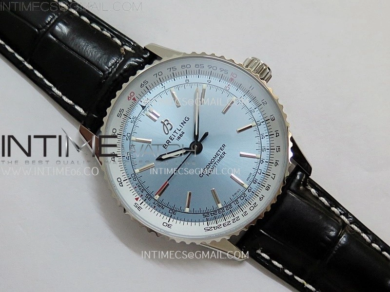 Navitimer 1 Automatic 41mm SS BLSF 1:1 Best Edition Ice Blue Dial on Black Leather Strap A2824