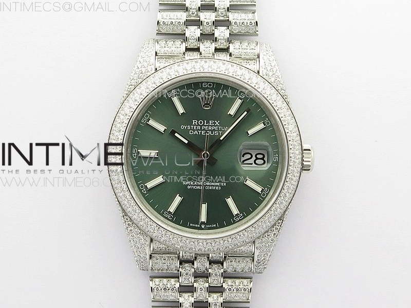DateJust 41 126334 Full Paved Diamonds BP Best Edition Green Dial Sticks Markers on Jubilee Bracelet A2824