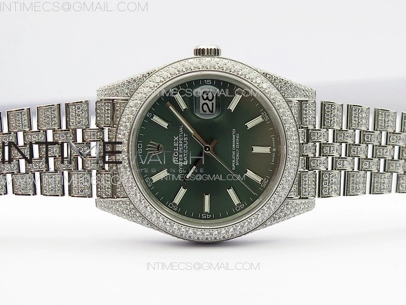 DateJust 41 126334 Full Paved Diamonds BP Best Edition Green Dial Sticks Markers on Jubilee Bracelet A2824