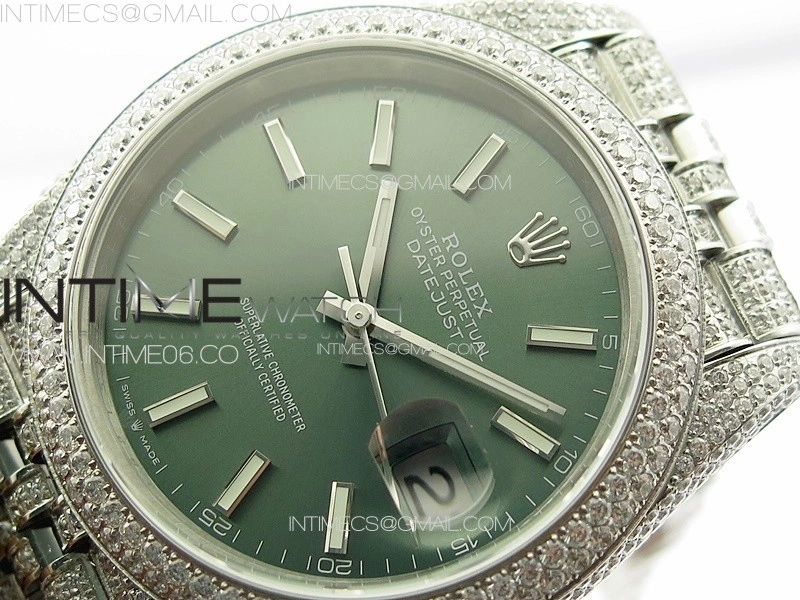 DateJust 41 126334 Full Paved Diamonds BP Best Edition Green Dial Sticks Markers on Jubilee Bracelet A2824
