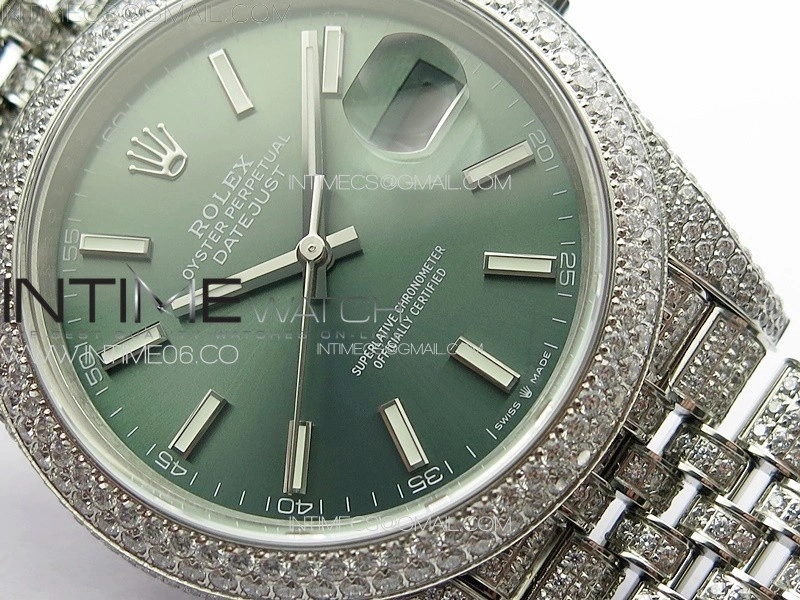 DateJust 41 126334 Full Paved Diamonds BP Best Edition Green Dial Sticks Markers on Jubilee Bracelet A2824
