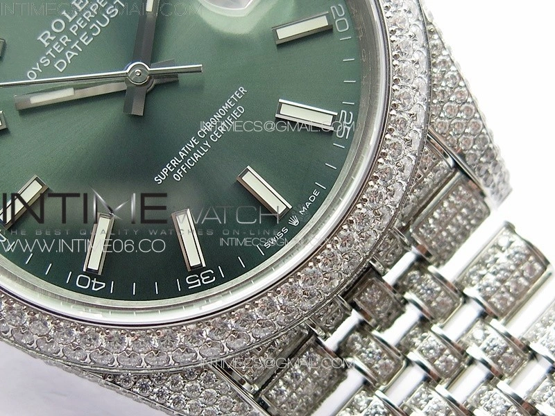 DateJust 41 126334 Full Paved Diamonds BP Best Edition Green Dial Sticks Markers on Jubilee Bracelet A2824