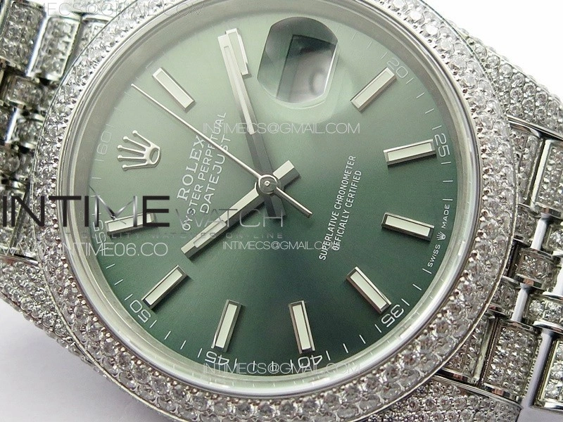 DateJust 41 126334 Full Paved Diamonds BP Best Edition Green Dial Sticks Markers on Jubilee Bracelet A2824