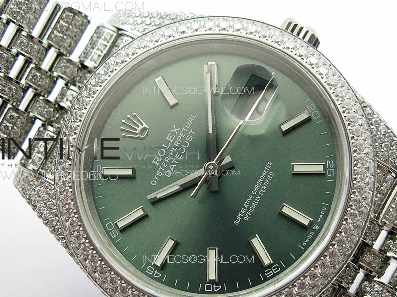 DateJust 41 126334 Full Paved Diamonds BP Best Edition Green Dial Sticks Markers on Jubilee Bracelet A2824