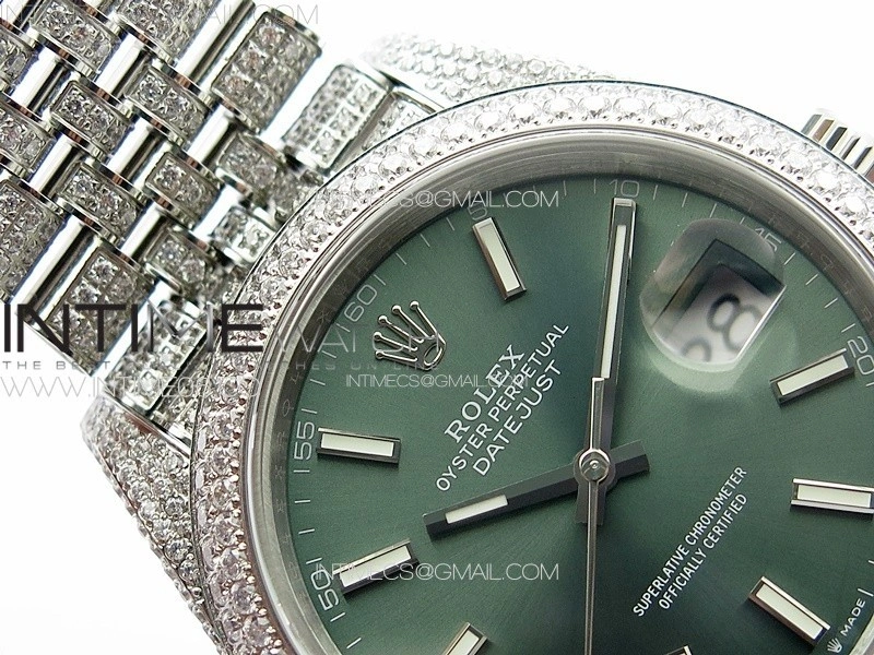 DateJust 41 126334 Full Paved Diamonds BP Best Edition Green Dial Sticks Markers on Jubilee Bracelet A2824
