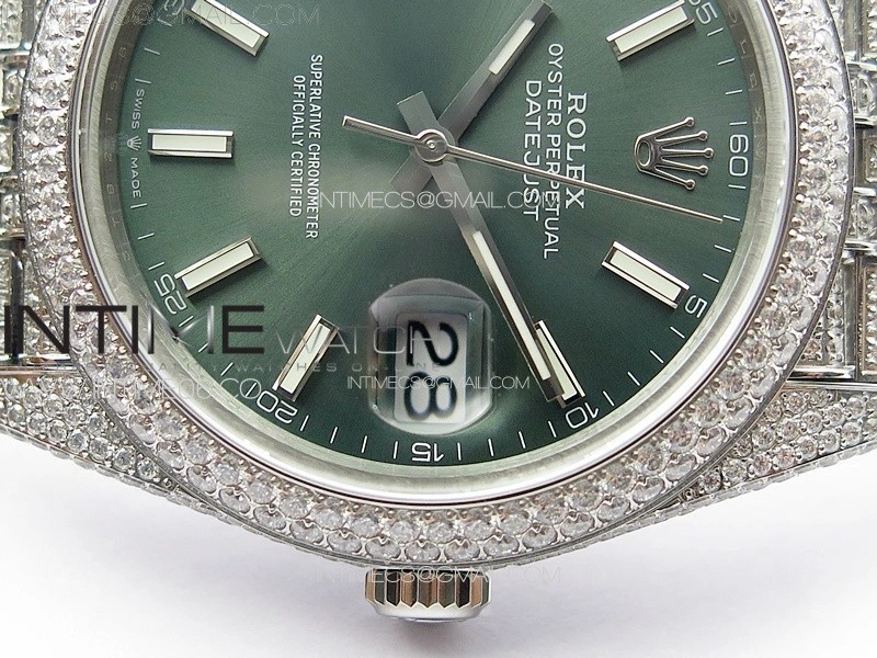 DateJust 41 126334 Full Paved Diamonds BP Best Edition Green Dial Sticks Markers on Jubilee Bracelet A2824