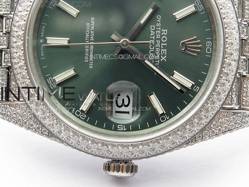 DateJust 41 126334 Full Paved Diamonds BP Best Edition Green Dial Sticks Markers on Jubilee Bracelet A2824