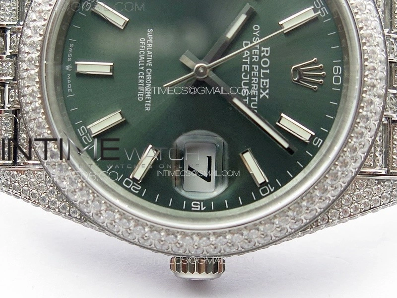 DateJust 41 126334 Full Paved Diamonds BP Best Edition Green Dial Sticks Markers on Jubilee Bracelet A2824