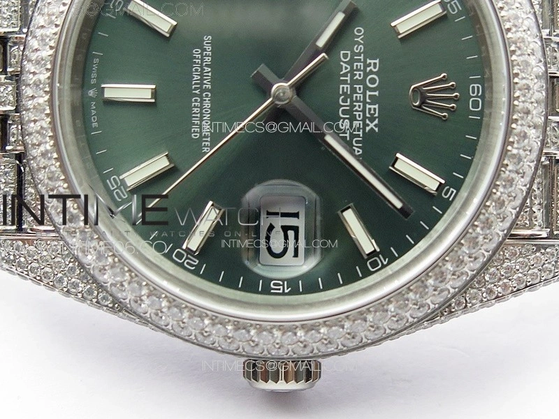 DateJust 41 126334 Full Paved Diamonds BP Best Edition Green Dial Sticks Markers on Jubilee Bracelet A2824