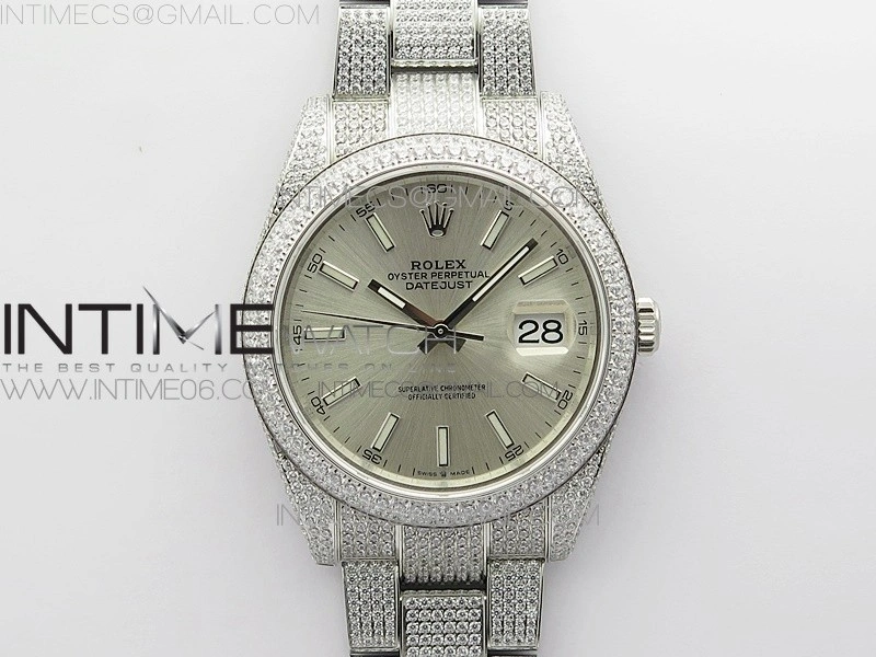 DateJust 41 126334 904 Full Paved Diamonds BP Best Edition Silver Dial Sticks Markers on Oyster Bracelet A2824