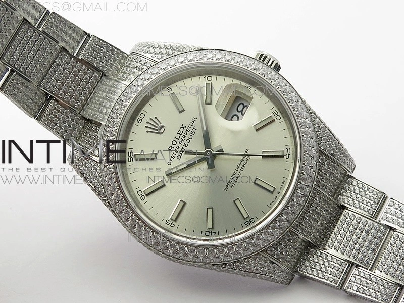 DateJust 41 126334 904 Full Paved Diamonds BP Best Edition Silver Dial Sticks Markers on Oyster Bracelet A2824
