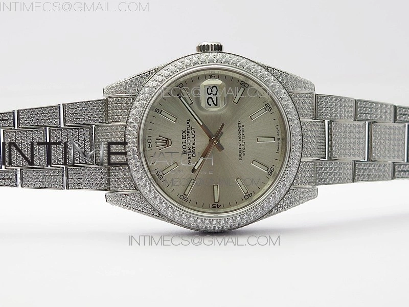DateJust 41 126334 904 Full Paved Diamonds BP Best Edition Silver Dial Sticks Markers on Oyster Bracelet A2824