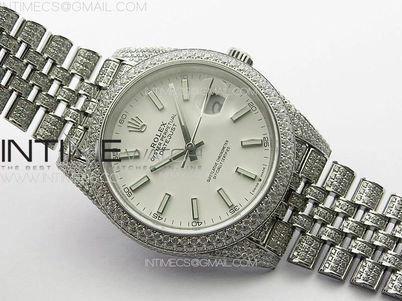 DateJust 41 126334 Full Paved Diamonds BP Best Edition White Dial Sticks Markers on Jubilee Bracelet A2824