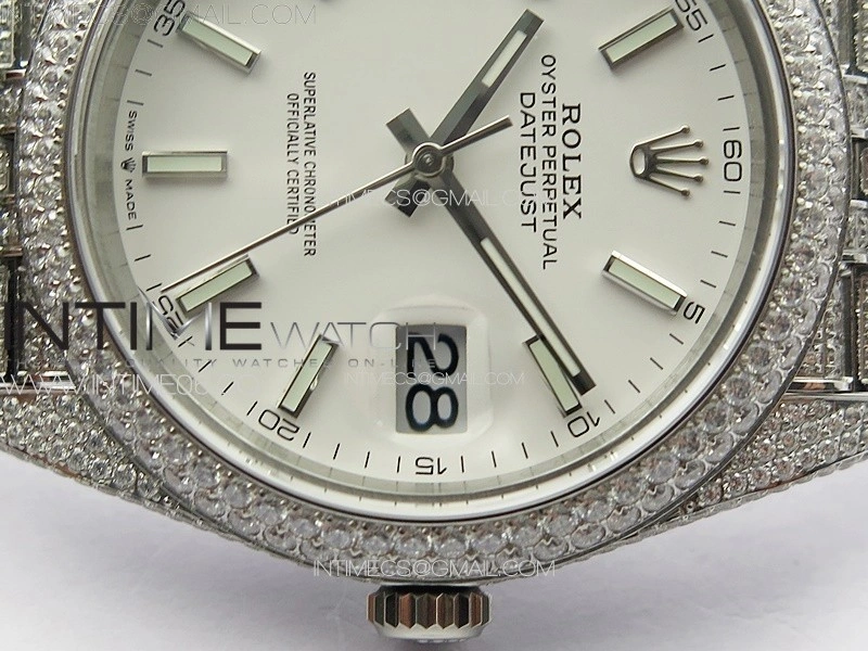 DateJust 41 126334 Full Paved Diamonds BP Best Edition White Dial Sticks Markers on Jubilee Bracelet A2824