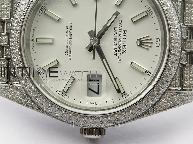 DateJust 41 126334 Full Paved Diamonds BP Best Edition White Dial Sticks Markers on Jubilee Bracelet A2824
