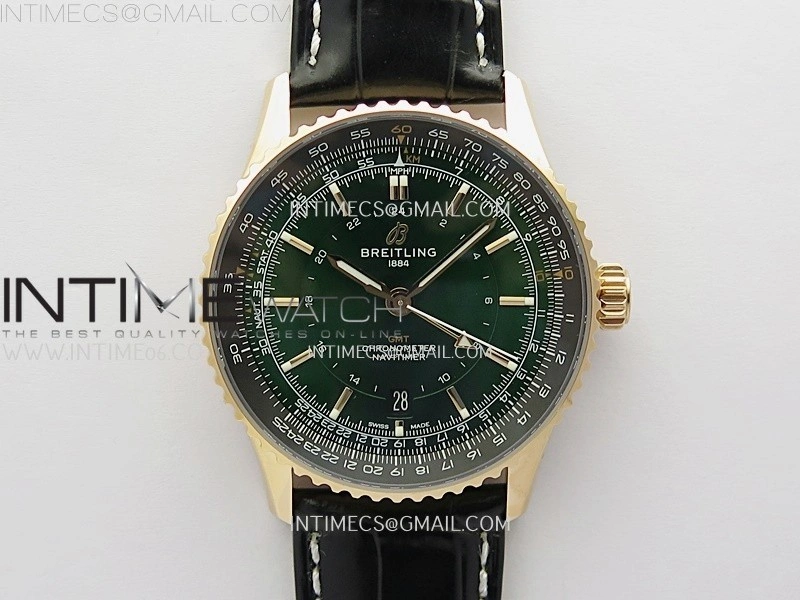 Navitimer 41mm GMT RG BLSF 1:1 Best Edition Green Dial On Black Leather Strap A2836