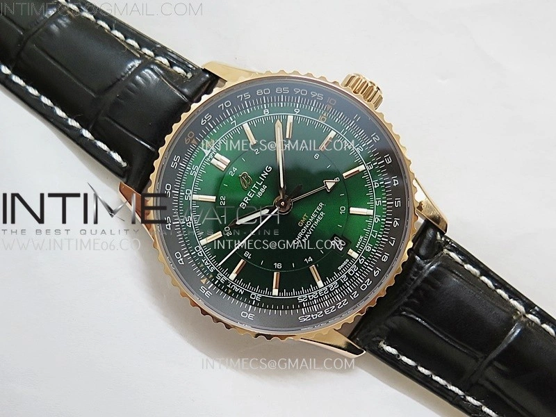 Navitimer 41mm GMT RG BLSF 1:1 Best Edition Green Dial On Black Leather Strap A2836