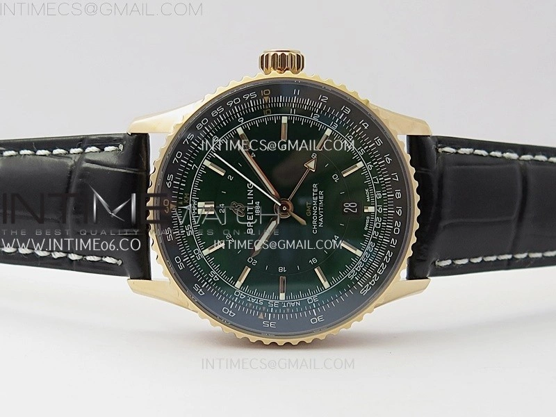 Navitimer 41mm GMT RG BLSF 1:1 Best Edition Green Dial On Black Leather Strap A2836
