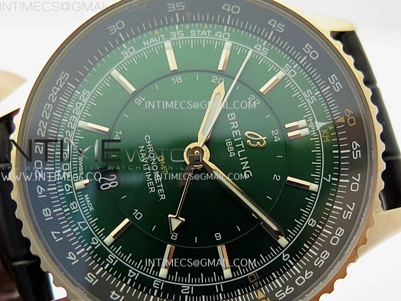 Navitimer 41mm GMT RG BLSF 1:1 Best Edition Green Dial On Black Leather Strap A2836