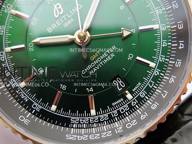 Navitimer 41mm GMT RG BLSF 1:1 Best Edition Green Dial On Black Leather Strap A2836