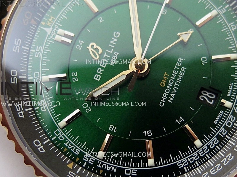 Navitimer 41mm GMT RG BLSF 1:1 Best Edition Green Dial On Black Leather Strap A2836