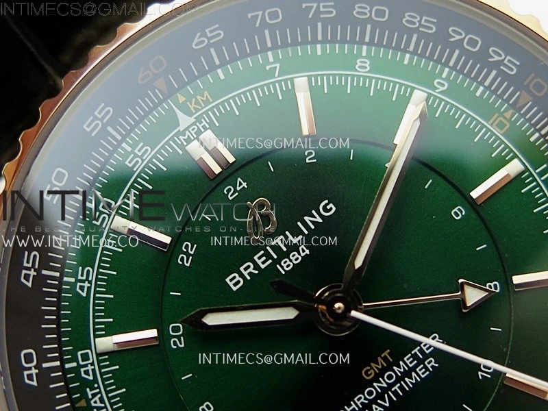 Navitimer 41mm GMT RG BLSF 1:1 Best Edition Green Dial On Black Leather Strap A2836