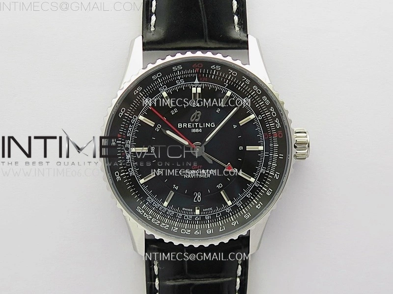 Navitimer 41mm GMT SS BLSF 1:1 Best Edition Black Dial on Black Leather Strap A2836