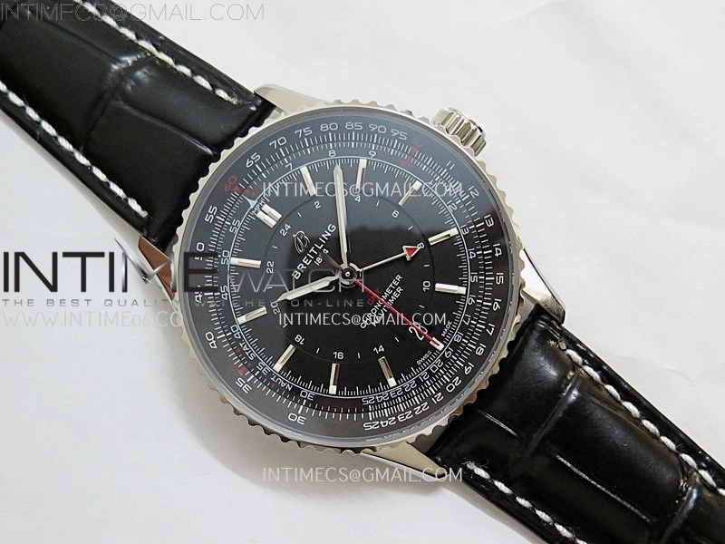 Navitimer 41mm GMT SS BLSF 1:1 Best Edition Black Dial on Black Leather Strap A2836