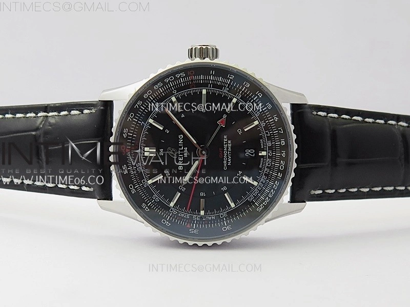 Navitimer 41mm GMT SS BLSF 1:1 Best Edition Black Dial on Black Leather Strap A2836