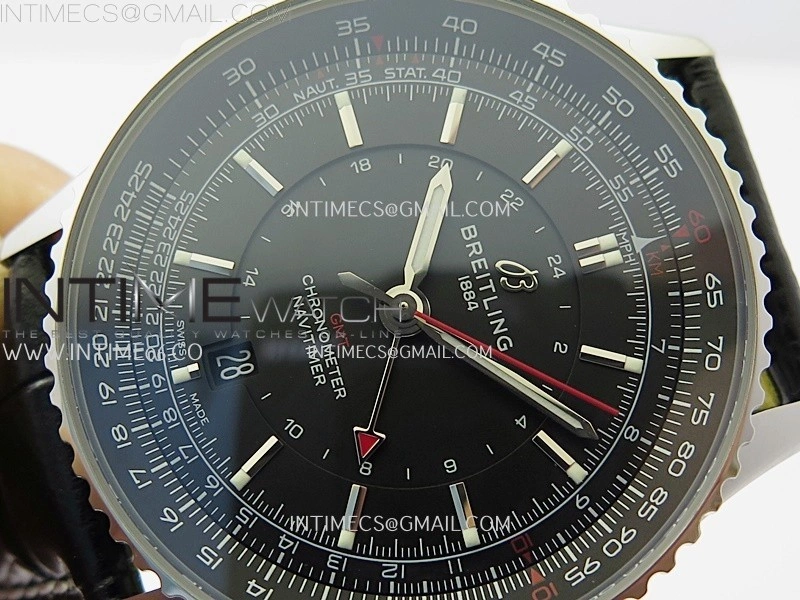 Navitimer 41mm GMT SS BLSF 1:1 Best Edition Black Dial on Black Leather Strap A2836