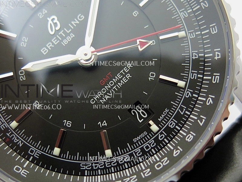 Navitimer 41mm GMT SS BLSF 1:1 Best Edition Black Dial on Black Leather Strap A2836