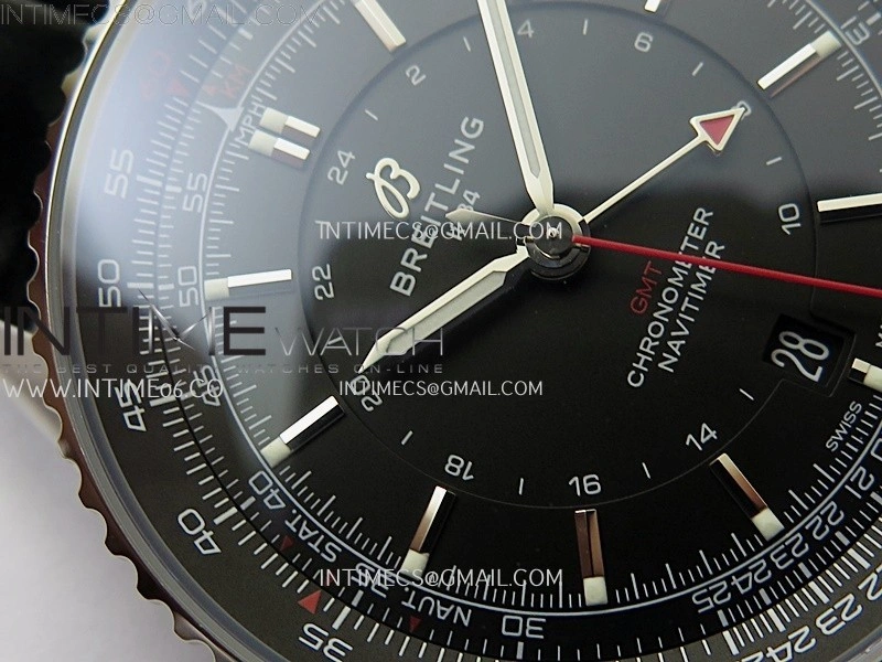 Navitimer 41mm GMT SS BLSF 1:1 Best Edition Black Dial on Black Leather Strap A2836