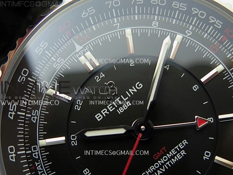 Navitimer 41mm GMT SS BLSF 1:1 Best Edition Black Dial on Black Leather Strap A2836