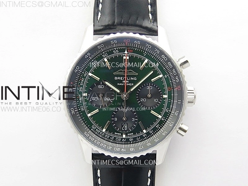 Navitimer B01 43mm SS BLSF 1:1 Best Edition Green Dial On Black Leather Strap A7750