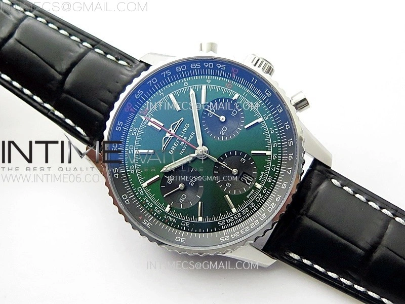 Navitimer B01 43mm SS BLSF 1:1 Best Edition Green Dial On Black Leather Strap A7750