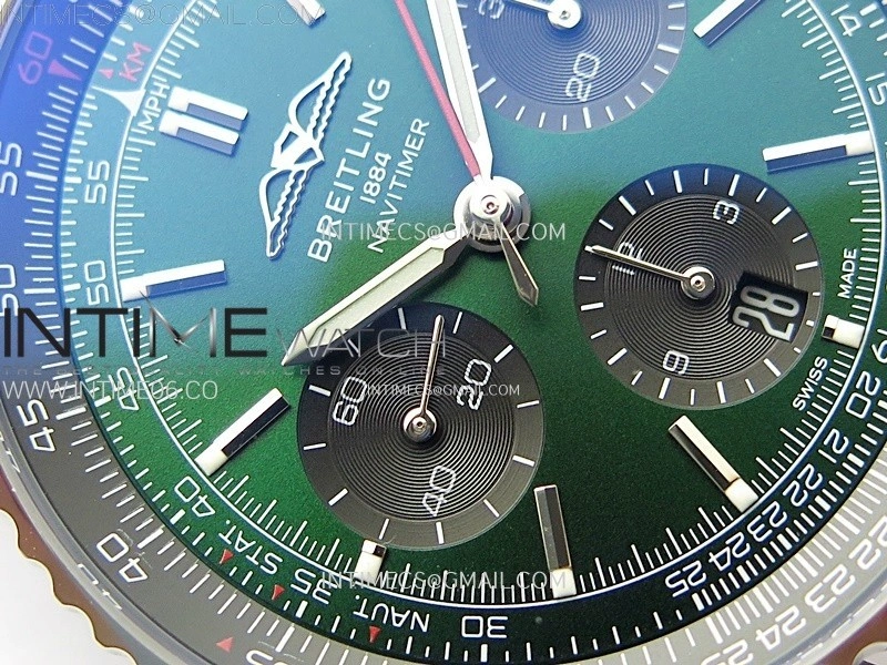 Navitimer B01 43mm SS BLSF 1:1 Best Edition Green Dial On Black Leather Strap A7750