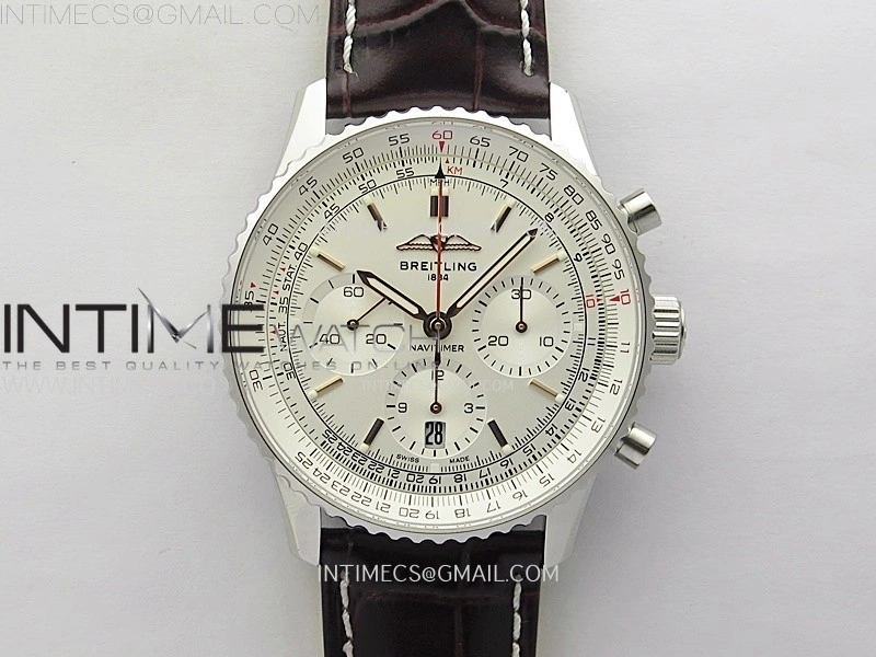 Navitimer B01 43mm SS BLSF 1:1 Best Edition White Dial On Brown Leather Strap A7750