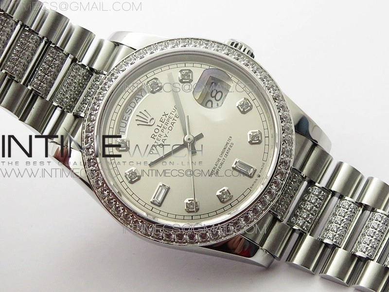 Day-Date 36 128239 SS Crystal BP Best Edition Silver Crystal Markers Dial on SS President Bracelet A2836