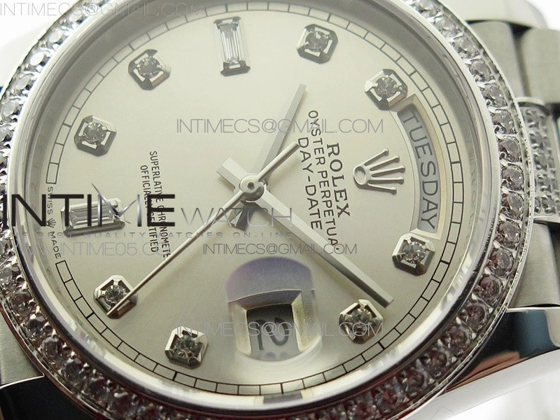 Day-Date 36 128239 SS Crystal BP Best Edition Silver Crystal Markers Dial on SS President Bracelet A2836