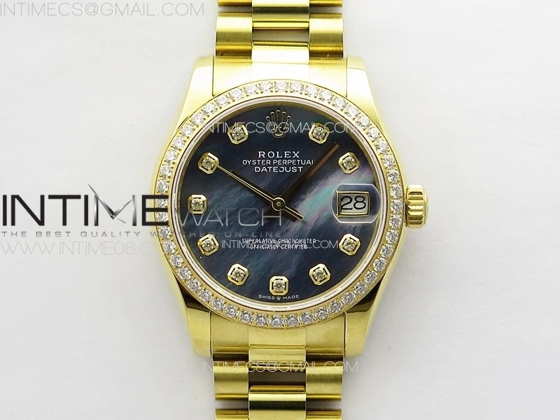DateJust 31mm YG Crystals Bezel APSF Best Edition Blue MOP Dial Crystals Markers on President Bracelet A2824