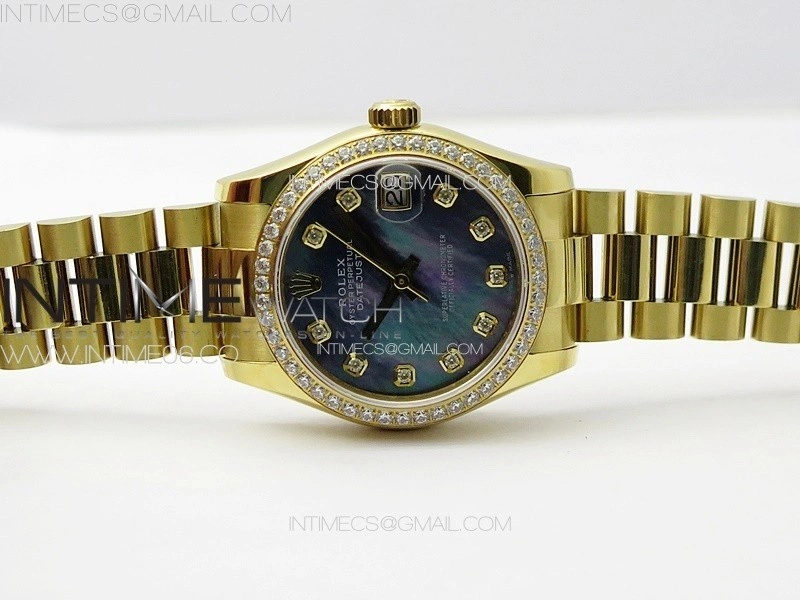 DateJust 31mm YG Crystals Bezel APSF Best Edition Blue MOP Dial Crystals Markers on President Bracelet A2824