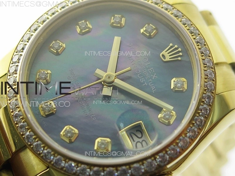 DateJust 31mm YG Crystals Bezel APSF Best Edition Blue MOP Dial Crystals Markers on President Bracelet A2824