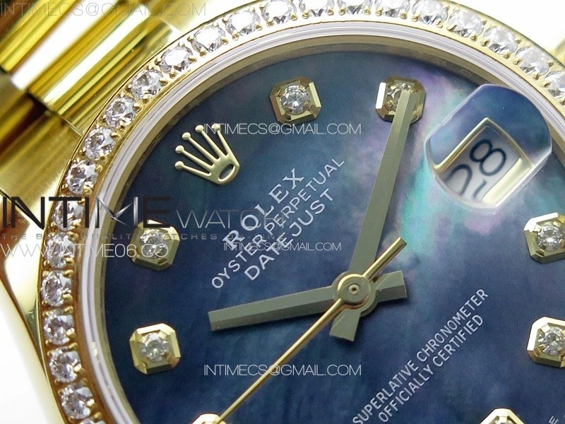 DateJust 31mm YG Crystals Bezel APSF Best Edition Blue MOP Dial Crystals Markers on President Bracelet A2824