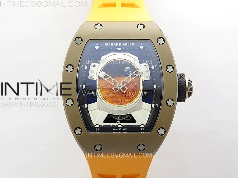 RM052-05 Brown Ceramic Bezel Carbon Case YSF Best Edition Skeleton Dial on Orange Rubber Strap Tourbillon